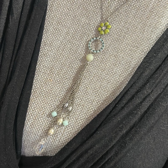 Liz Palacios Mint Alabaster, Green Enamel, Crystals & Fresh Water Pearl Necklace - Picture 7 of 12